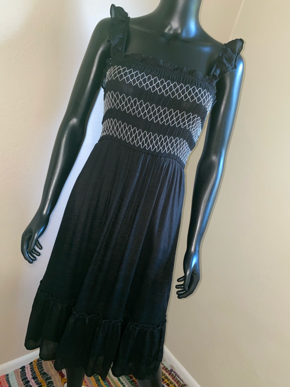 Classic Black Smocked Midi Dress with Ruffle Straps